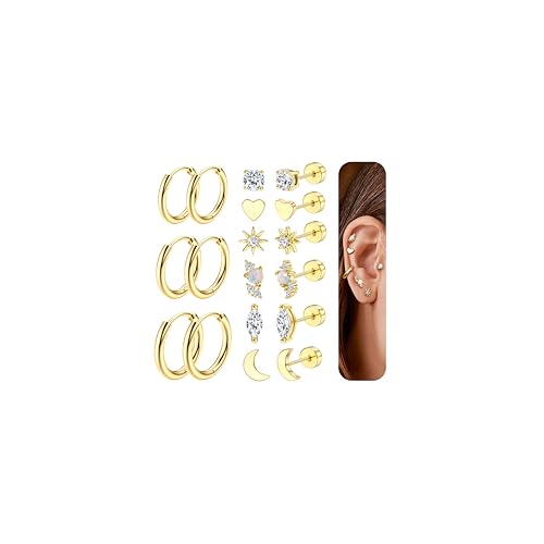 JeweBella Ohrringe Silber Gold Medizinische Ohrstecker mit flacher Rückseite Hypoallergene Creolen Zirkonia Herz Stern Mond für mehrere Piercings Schmuck Geschenke