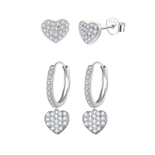 Epoch World 2 Paar Damen Ohrringe Silber 925 Herz Ohrringe Hängend Creolen mit Anhänger Herz Creolen Silber Ohrstecker Klein mit Cubic Zirkonia Ohrschmuck Huggie Ohrstecker für Damen Mädchen Frauen