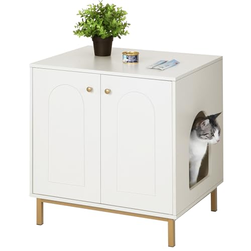 Hzuaneri Cat Litter Box Enclosure Hidden Cat Litter Box Furniture Wooden Side Table for Pet House Storage Cabinet Bench Fits Most Cats White and Gold CB81203G
