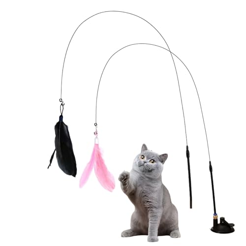 FWORUAIS 2 Set Katzenspielzeug Interaktives Katzenspielzeug Intelligenz Katzen Spielzeug Katzenspielzeug Angel Katzenangel Stabil mit Saugnapf Cat Toys Federspielzeug