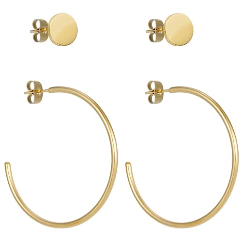 BONNYBIRD Creolen Gold Groß Ohrringe Damen Edelstahl Dünn Wasserfest Medizinische Ohrstecker Vergoldet Hypoallergen Chirurgenstahl Nickelfrei Schmuck Set Plättchen Stecker Goldschmuck Hoops Frauen