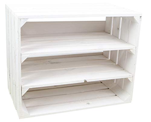Schuhschrank Johanna mit doppeltem Längsbrett Schuhregal Weinregal Weinschrank aus geflammten weissen Holzkisten Schuhablage für 6 Paar Schuhe als Schuhschrank aus Holz Weiss doppelt Längs Weiss