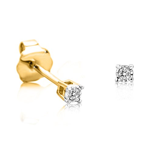Orovi Schmuck Damen runde Solitärohrstecker mit 2 natürlichen Diamanten in einer Krappen Fassung Zeitlose klassische Ohrringe aus Bicolor Gold 9 Karat 375 Gold