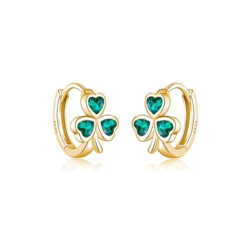 SLUYNZ 925 Sterling Silber CZ Liebe Klee Creolen Ohrringe für Damen Mädchen Grün Irisches Kleeblatt Huggie Ohrringe für St. Patricks Day B-Gold