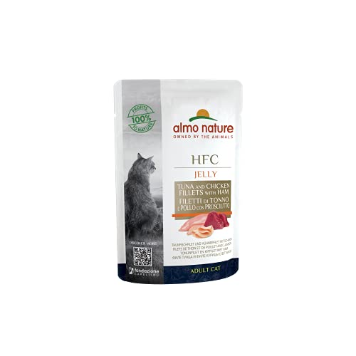 Almo Nature HFC Jelly Nassfutter für Erwachsene Katzen Thunfischfilet und Hühnerfilet mit Schinken -24 x 55 g.