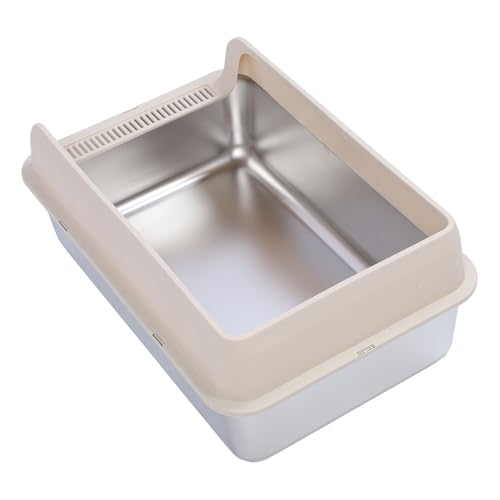 Yctze Katzentoilette aus Edelstahl mit Hohen Seiten und Auslaufsicherem Design für Große Katzen Einfache Geruchskontrolle 60 X 40 X 25 cm Beige L