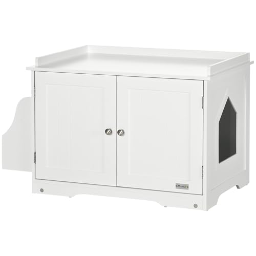 PawHut Katzenschrank für Katzentoilette Katzenhaus mit Magnettüren Trennwand für mittelgroße Katzen Katzentoilette mit Stauraum Katzenklo Schrank 86 x 48 x 52 cm Weiß