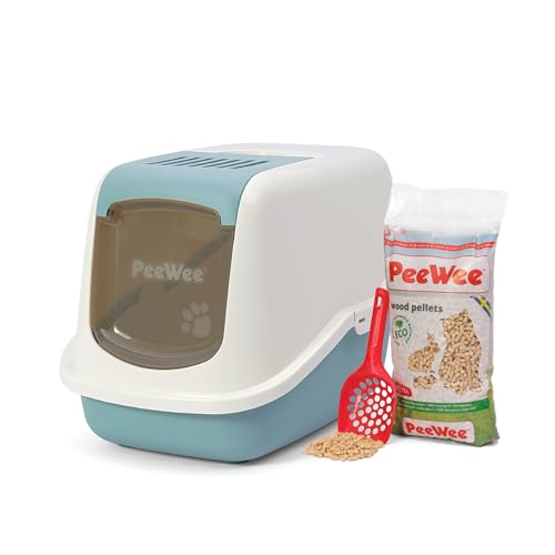 Katzentoilette PeeWee EcoHus Katzenklo mit Haube Katzen WC geschlossen inkl. 3kg Streu Holzpellets Farbe Taubenblau-Creme