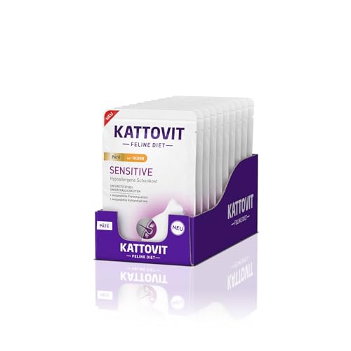 KATTOVIT - Sensitive Hypoallergenes Nassfutter für Katzen - Alleinfuttermittel im Frischebeutel für Ausgewachsene 10 x 85 g Pat Huhn