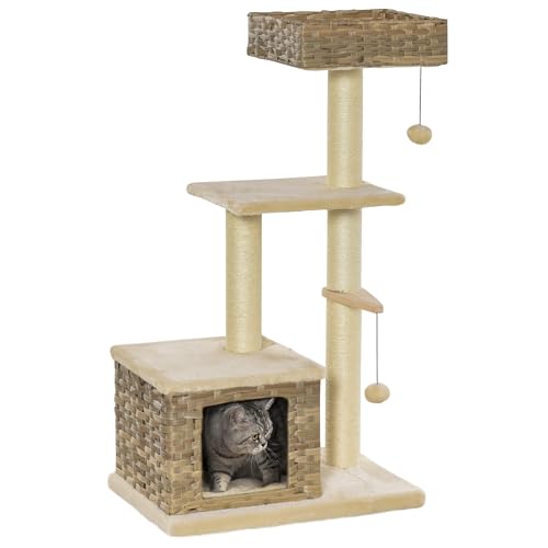 PawHut Rattan Katzenbaum Kratzbaum Kätzchen Möbel mit Katzenhöhle Ballspielzeug Sisal weiche Plüsch PE Höhe 108 cm Braun Beige