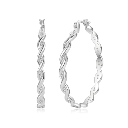SENTERIA Creolen Silber 925 für Damen Hypoallergene Funkelnde Strass Ohrringe Silber Große Leichtgewicht Twisted Ohrringe Silber mit Kubischem Zirkonia 40MM
