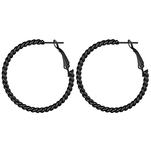 FOCALOOK Verdrehte Creolen Für Frauen Mädchen Twist Große Ohrringe aus Edelstahl Gedrehte Rund Kreolen mit Schwarz Durchmesser 40MM