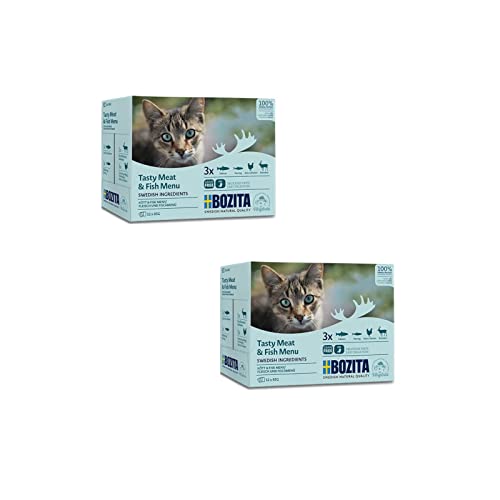 Bozita Multibox Tasty - Meat and Fish Doppelpack 2 x 12 x 85 g Alleinfuttermittel für ausgewachsene Katzen Getreidefreies Nassfutter im praktischen Pouch Portionsbeutel