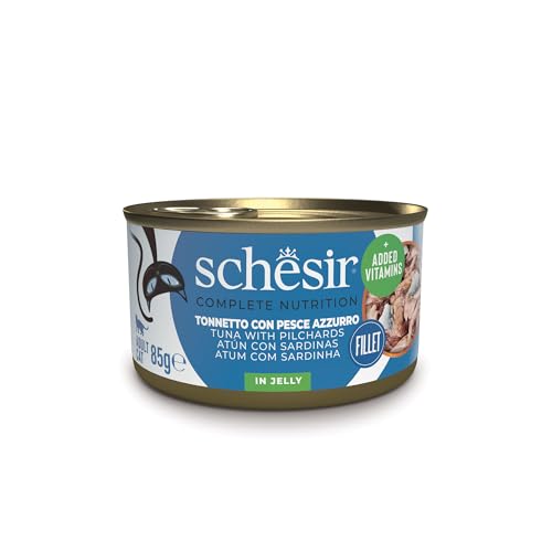 Schesir Thunfisch mit blauem Fisch in Gelee komplettes Nassfutter für Katzen in Dose 100% natürliche Inhaltsstoffe tierversuchsfrei 12 x 85 g