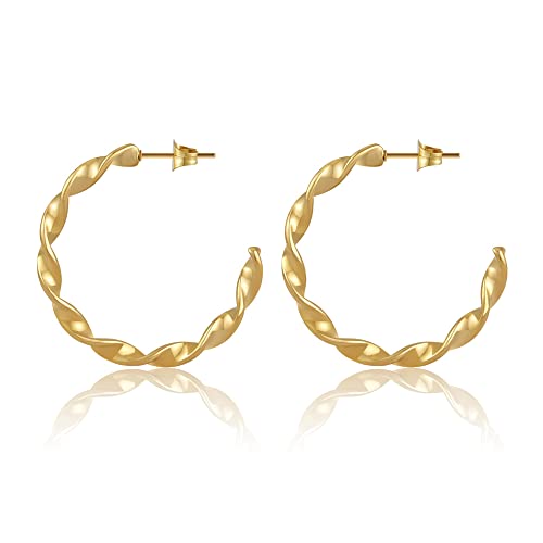Creolen Gold für Damen I Gedrehte 18 Karat Kreolen aus Edelstahl - Wasserfest - Twisted Hoop Ohrringe in 28mm