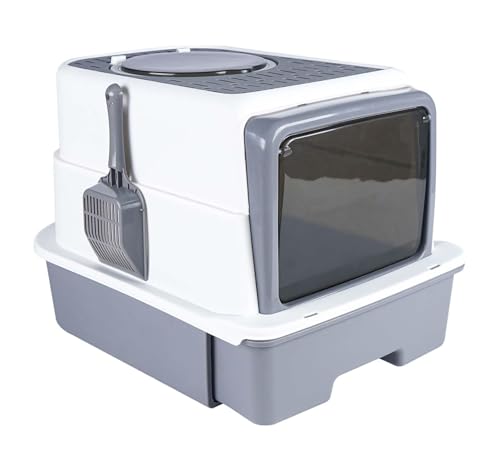 Hengsong Katzenklo mit Deckel Katzentoilette Groß 50x35x35cm mit Deo-Beutel Streuschaufel mit Sieb Oberster Teil Grau