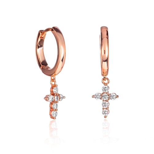 ZAVANA Kreuz-Creolen für Damen und Teenager Kleine Creolen-Ohrringe in Ros gold mit Kreuz-Anhängern funkelnde Huggie-Ohrringe mit weißen Zirkonia-Steinen femininer Modeschmuck