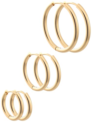 THIORA Damen Creolen Ohrringe aus 316L Edelstahl 18k vergoldet Aruba minimalistisch wasserfest hypoallergen Gold 14 mm Mini Hoop