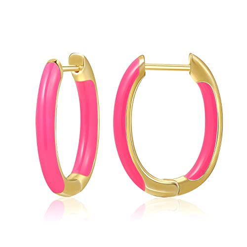 MESOVOR 18 Karat Vergoldete Creolen Ohrringe mit Emaillefarbe U-förmige Kleine Leichte Huggie-Ohrringe Geschenke für Frauen und Mädchen Heißes Neonpink