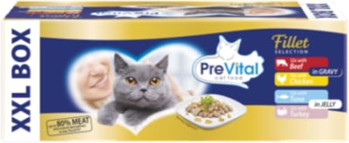 Prevital Nassfutter für ausgewachsene Katzen mit Rind Huhn Soße Thunfisch und Truthahn in Gelee 48 Beutel 85 g