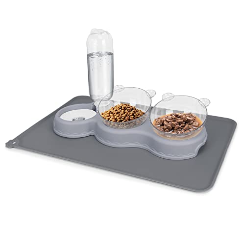 Dreifache Katzennäpfe für Futter und Wasser YECERCAN Kunststoff Erhöhte Katzenfutterschalen mit automatischer Wasserflasche wasserdichter Matte für Katze kleine Hunde 3-in-1-Futterspender für