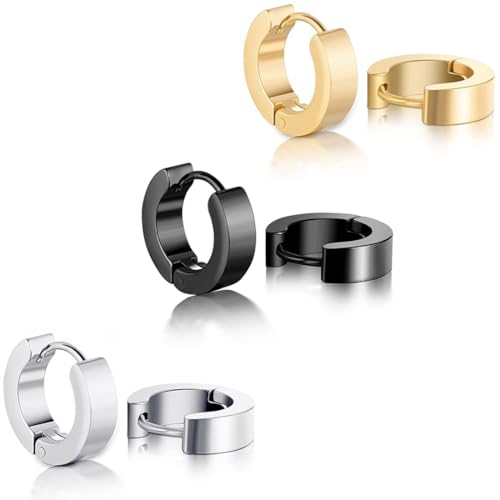 COYUN 3 Paare Herren Ohrringe Edelstahl Creolen Hoops Earrings Set Ohrringe Männer Frauen Knorpel Helix Piercing Ohr Mode Punk Ohrringe Creolen Ohrringe Gold Silber Schwarz