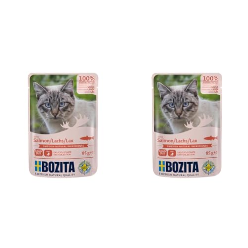 BOZITA Nassfutter Häppchen in Soße mit Lachs 12x85g Pouch Portionsbeutel - getreidefrei - für Erwachsene Katzen Packung mit 2