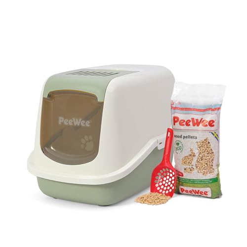 Katzentoilette PeeWee EcoHus Katzenklo mit Haube Katzen WC geschlossen inkl. 3kg Streu Holzpellets Farbe Salbeigrün-Creme