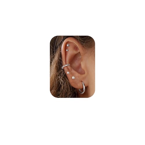 Morfetto G23 Titan Ohrringe Set für mehrere Piercing Hypoallergene Kleine Creolen 2mm 3mm CZ Kugelohrstecker und Creolen Set für Damen Silber