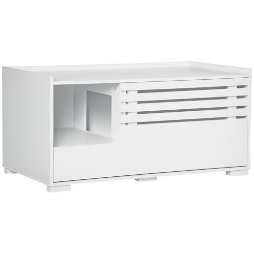 PawHut Katzenklo-Schrank Katzenhaus mit Magnettür Trennwand Katzentoilette Katzenschrank für Katzen Beistelltisch Katzenhöhle 90 x 48 x 42 5 cm Weiß