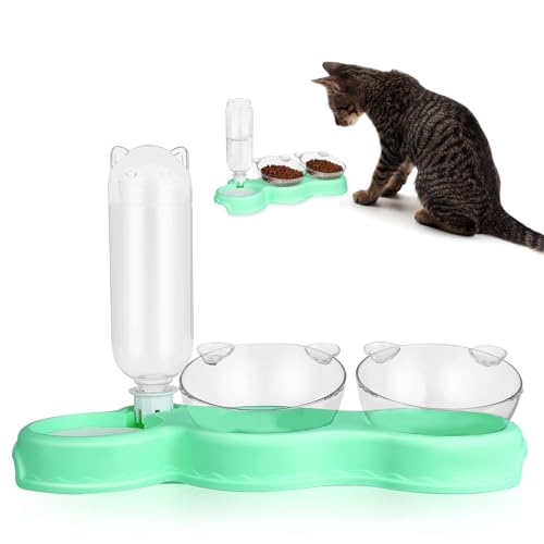 LOORGVEL Multifunktionaler Dreifacher Haustier Futternapf aus Kunststoff 15 Geneigt Erhöhter Wassernapf mit Automatischem Wasserspender Transparent für Katzen und Kleine Hunde