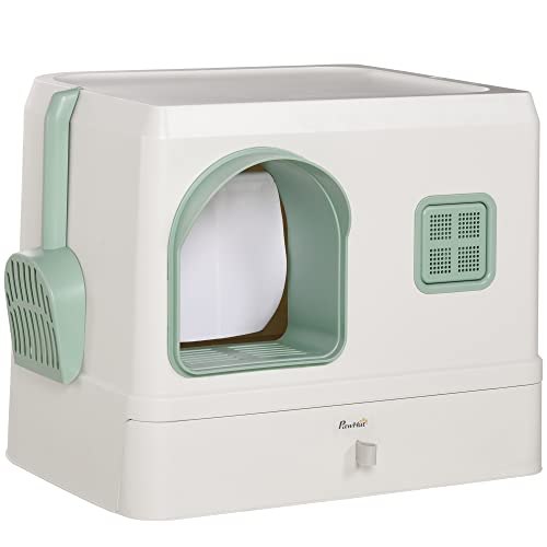 PawHut Katzenklo Katzentoilette mit Schaufel Schublade Deodorant Toilette mit Haube für Katzen bis 5 kg ABS PP Weiß Grün 50 x 40 x 40 cm