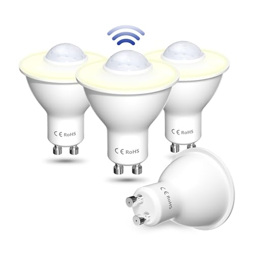 Lamptobe 5W GU10 LED Glühbirne mit Bewegungsmelder Warmweiss 3000K Auto On Off PIR Sensor LED Birne für den Treppen Garage Hausflur Innenhof 4 Stück