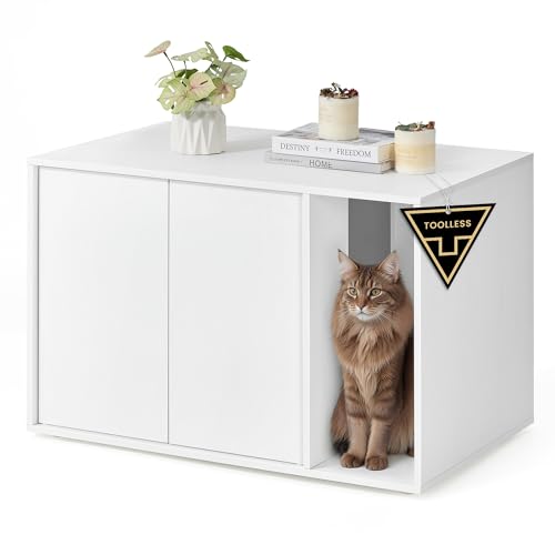 SONGMICS HOME Katzenklo Schrank Toolless Technologie Superschnelle werkzeuglose Montage Katzenschrank für große Katzen Push to Open Türen Katzenhaus minimalistisch schneeweiß PCL013W01