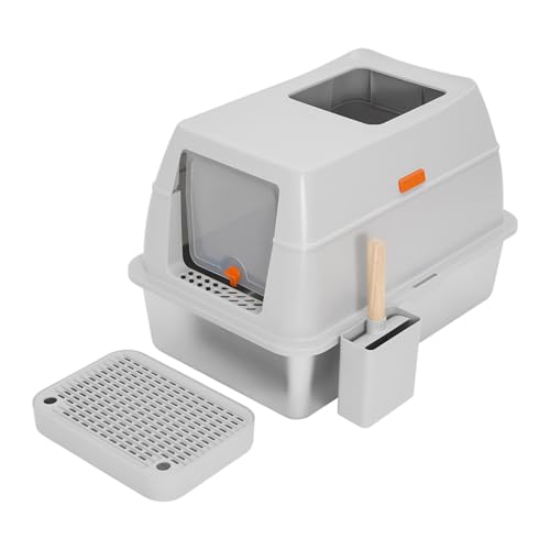 TFGXUE Katzenklo Edelstahl XL Geschlossenes Katzenklo mit Schaufel und Stufenkasten Beidseitiger Zugang und Zugang von Oben Katzentoilette mit Deckel 40 x 60 x 38 cm