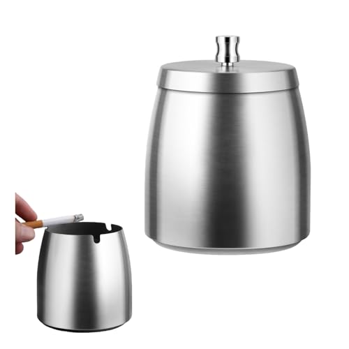 HSTWODE 1 Stück Aschenbecher für den Außenbereich Mit Deckel Standaschenbecher - Edelstahl Rutschfester Boden Geeignet für Zuhause Büro Schreibtisch Terrasse Balkon im Freien Silber