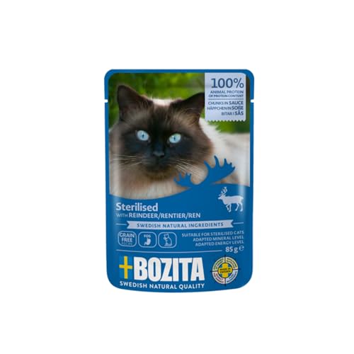 Bozita Sterilised Nassfutter Häppchen in Sauce mit Rentier - 12x85g Portionsbeutel getreidefreies weizenfreies Futter für Katzen - Katzen Nassfutter mit 8 5% Protein 3 5% Fettgehalt