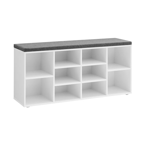VASAGLE Schuhbank Sitzfläche Sitzbank Stauraum gut gepolstert Flurbank 10 Fächern verstellbaren Ablagen für Schlafzimmer 30x 104x 48 cm weiß grau LHS10WT