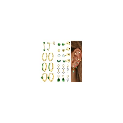 Ohrringe Gold Silber Chirurgenstahl Piercing Ohr Hypoallergene Helix Piercings Medizinische Silber Ohrringe Damen Frauen 14K Vergoldet Ohrstecker Creolen Set Herz Conch Helix Tragus Piercing G-Green