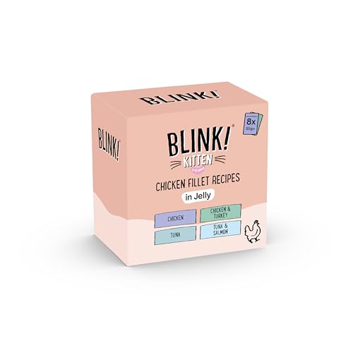 Blink Kitten Huhn Fisch Premium Filets in Gelee Katzenfutter Katzen Tierfutter 24 x 85g Beutel mit Katzenspielzeug