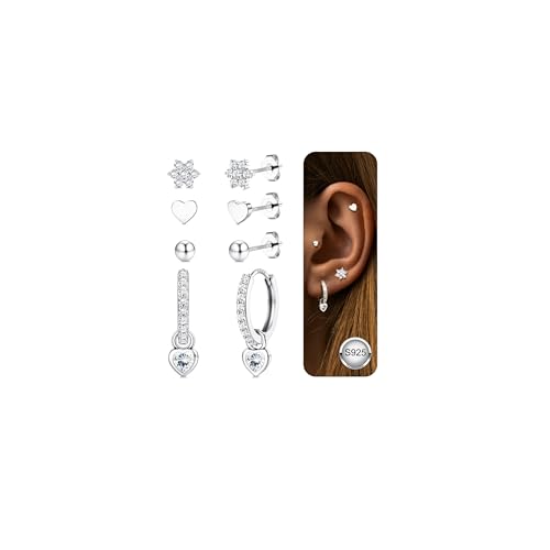 Adramata Ohrringe Silber 925 Damen 16K Vergoldete Ohrringe Set Blume Schmetterling Ohrstecker Silber 925 Herz Ohrringe Hängend Hypoallergene Ohrringe Creolen Silber Gold Ohrringe für Damen Mädchen