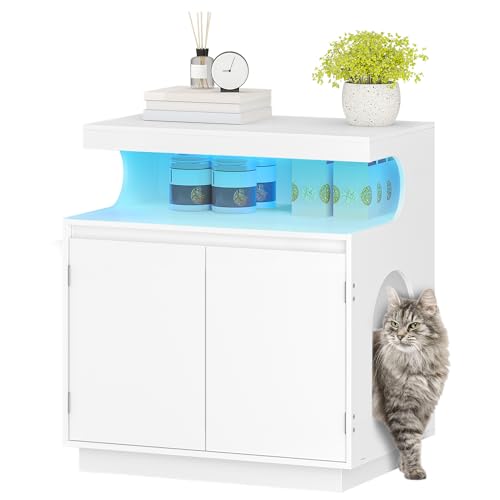 Hzuaneri Katzenschrank Katzenklo Schrank mit Regal Versteckte Katzentoilette für den Innenbereich mit Ferngesteuerter Lichtleiste 68 x 48 x 74 cm Katzenhaus für große Katzen Weiß CB85803XEU
