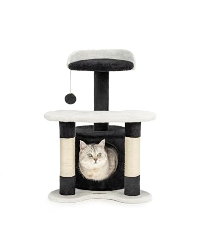 lionto Kratzbaum für Katzen mit Höhle Plüschball Höhe 65 cm mittelgroßer Katzenbaum mit robustem Sisal Plüsch gemütliche Liegefläche Höhle für kleine und große Katzen geeignet schwarz weiß