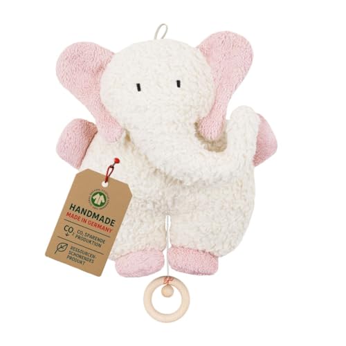 Efie Bio - Spieluhr Elefant rosa - kontrolliert biologischer Anbau organic - Made in Germany - GOTS zertifiziert nachhaltig - Melodie Brahms Guten Abend gute Nacht