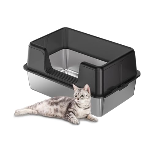 Creperture Katzentoilette Edelstahl mit Deckel Groß Offene Edelstahl Katzentoilette mit Rutschfester Katzenstreumatte und Schaufel Abnehmbares Metall Katzenklo für Katzen 60 x 40 x 36 5 cm