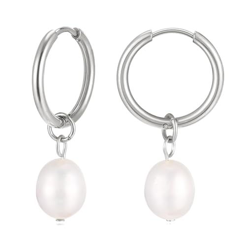 KIM JOHANSON Edelstahl Damen Perlenohrringe Malia in Silber Creolen mit echten Perlen Boho Schmuck für Frauen Wasserfeste Ohrringe hängend Multi Layer Kreolen Inkl. Schmuckbeutel