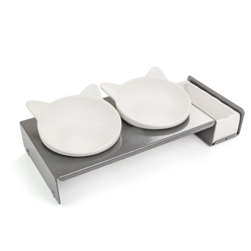 CanadianCat Company Katzennapf Fressnapf Katze erhöhte Schüssel Cat Diner 3er Keramik Napf austauschbar Elegante Designer Futterstation aus Metall grau weiß ca. 40 5 x 18 5 x 7 cm