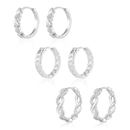  Kleine Set 3Paar Sterling Kleine Kette Twist Glitz Zirkon Set Knorpel Huggies Kreolen