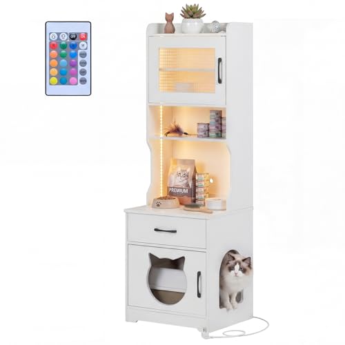COSTWAY Katzenschrank mit Ladestation LED-Licht 16 Modi Katzenklo Schrank mit Schublade Regalen Tür Eingang Katzenhaus für Katzentoilette inkl. Fernbedienung Katzenhöhle Indoor Weiß