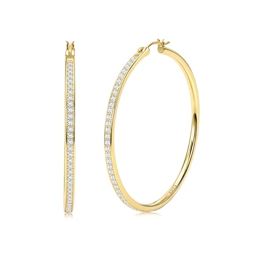 FANCH Sterling Silber 925 Creolen für Damen Mädchen Funkelnde Kubischem Zirkonia Große Creolen 18K Weißesgold Vergoldet Hypoallergene Leichte Strass Creolen Ohrringe Silber 925 40MM Gold